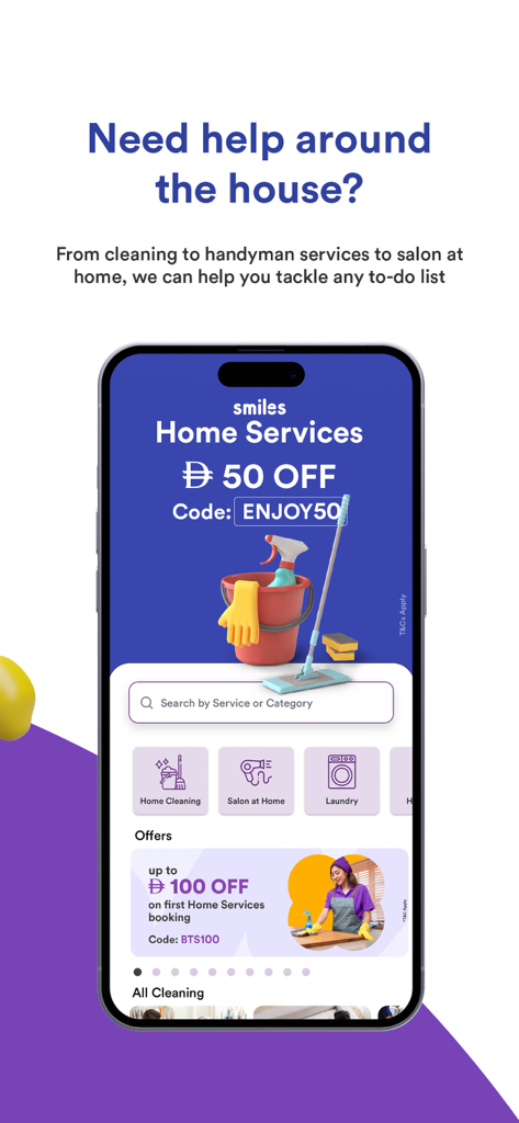 Smiles: Food Grocery Lifestyle - Screenshot of the Smiles app Home Services screen showing discounts for cleaning and laundry services.