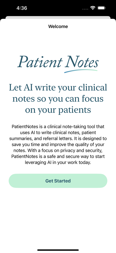 PatientNotes - Écran d'accueil PatientNotes montrant les fonctionnalités de prise de notes cliniques par IA pour les professionnels de la santé
