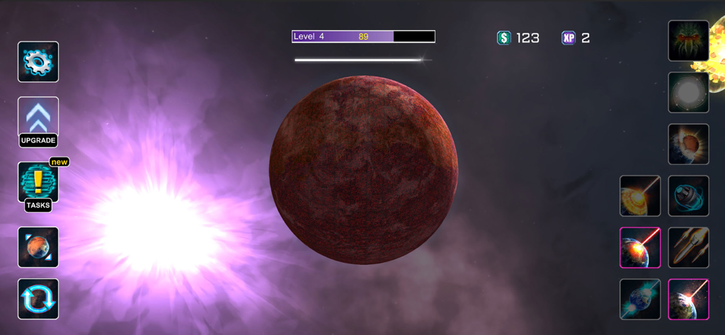 Planet Smash Destruction Games - A red planet in space with a bright purple supernova explosion and a weapon selection menu on the screen