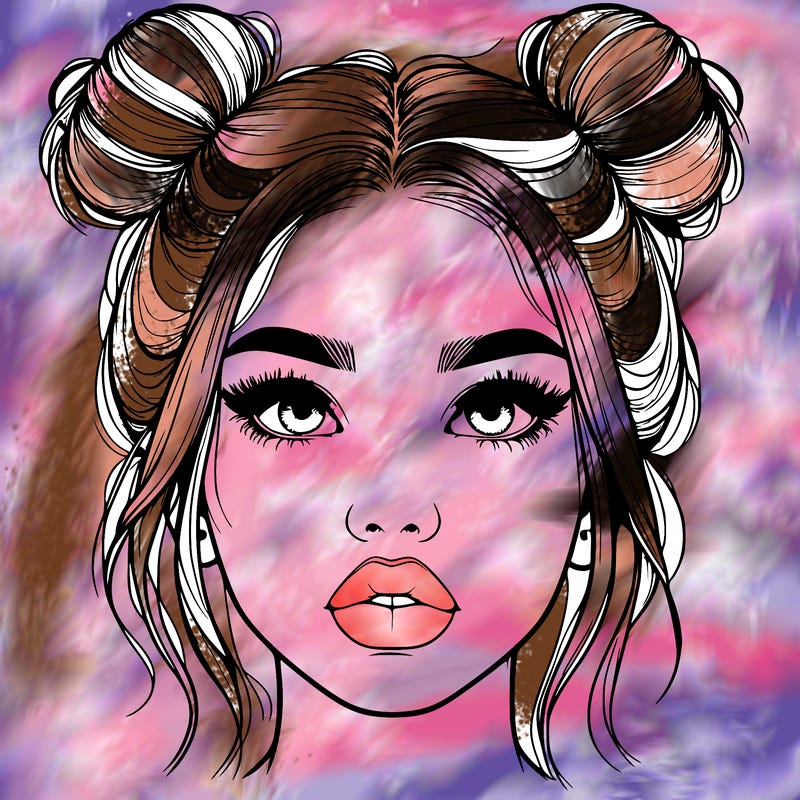 realistic girl with two buns on her hair and lips
