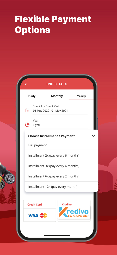 Travelio app interface showing flexible installment payment options for yearly apartment rentals