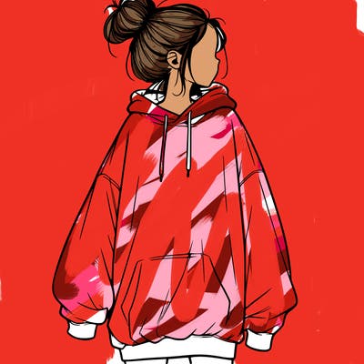 realistic girl with a oversized sweatshirt on and a bun