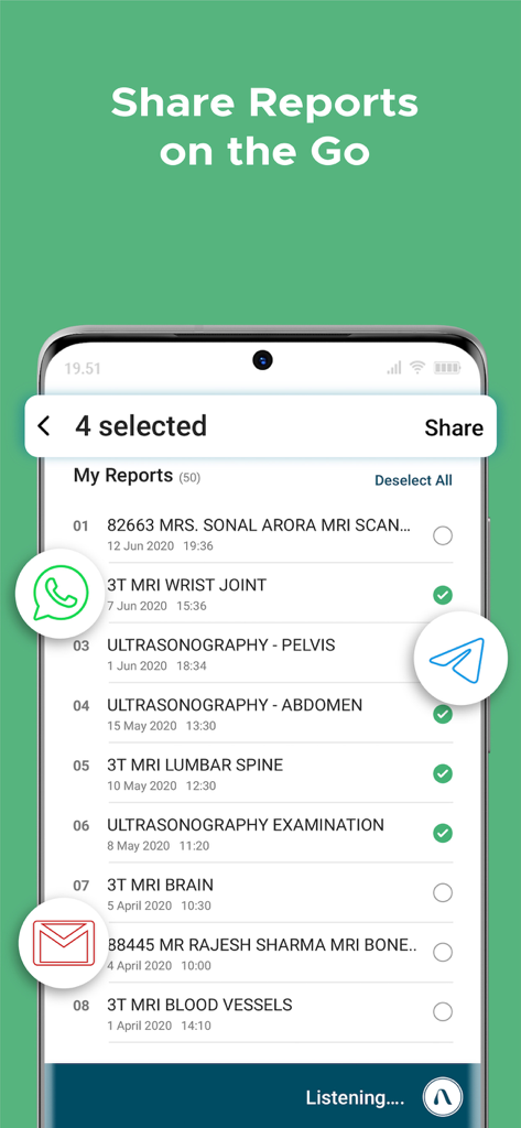 A mobile interface for Augnito showing a list of medical reports such as MRI scans and ultrasounds with options to share via messaging and email apps