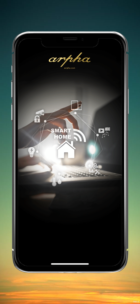 ARPHA - Smartphone screen displaying the ARPHA app with a smart home infographic showing icons for security cameras, lighting, and temperature control.