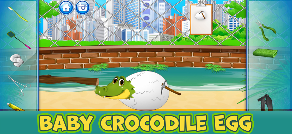 Zoo Animal Care Adventure Game - A baby crocodile hatching from an egg in a zoo care game