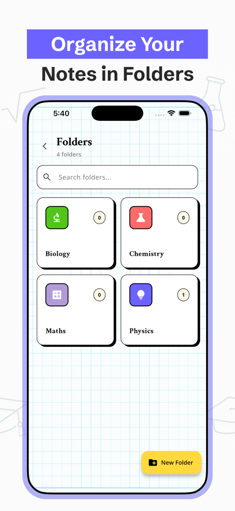 A smartphone screen showing the Feynman AI Notes Taker app interface for organizing study notes into subject folders like Biology and Chemistry.