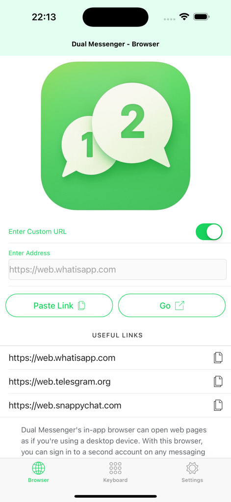 Dual Messenger for WA Web - Pantalla del navegador dentro de la aplicación de Mensajero Dual mostrando enlaces rápidos a los servicios web de WhatsApp y Telegram.