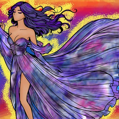 realistic woman in dress flowing the the wind