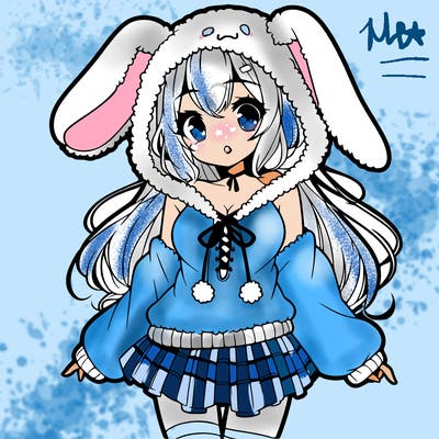 pretty anime girl wearing a fluffy hoodie with bunny ears on the hood and a skirt