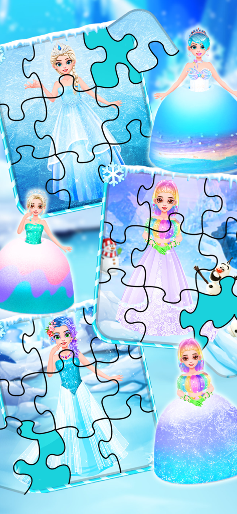 Pasteles de muñeca de princesa de hielo mostrados como piezas de rompecabezas en un país de las maravillas invernal.