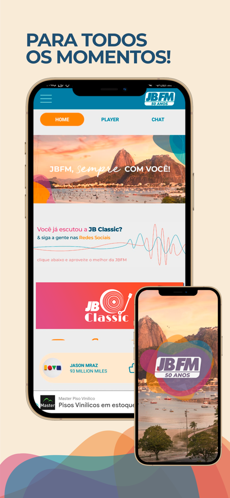 JB FM | 99.9 | RIO DE JANEIRO - Two smartphones displaying the JB FM radio app interface with music and news features