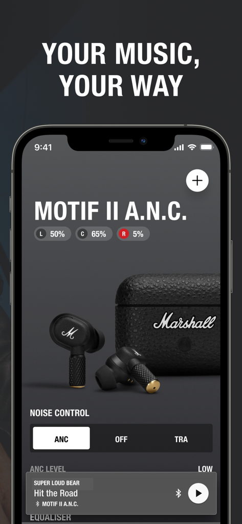 Marshall Bluetooth - Interface of the Marshall Bluetooth app displaying noise control and battery levels for Motif II ANC earbuds.