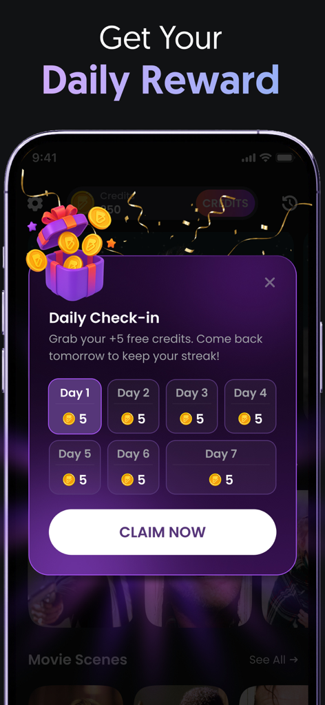 AI Video, Pix Generator・Filter - Écran de connexion quotidienne de l'application Filter AI montrant une séquence de récompenses de 7 jours pour des crédits gratuits.