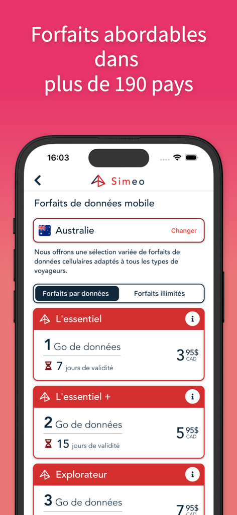 Simeo - eSIM de voyage - Simeo mobile app displaying prepaid eSIM data packages for Australia
