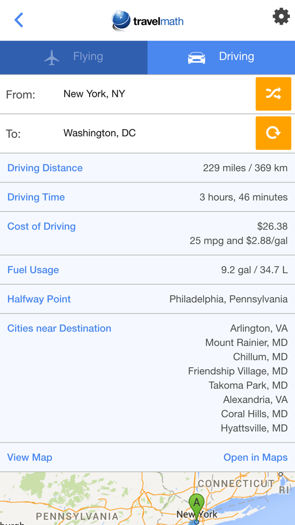Travelmath - trip calculator - Travelmath app interface calculating driving distance and cost from New York to Washington DC