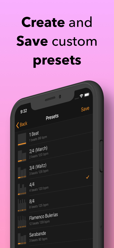 La pantalla de presets personalizados de la aplicación de metrónomo BounceMeter mostrando una lista de ritmos musicales y compases guardados