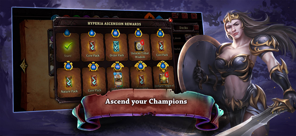 Hyperia-Aufstiegsbelohnungsmenü in Runestrike CCG mit Kartenpaketen und einem weiblichen Krieger-Champion.