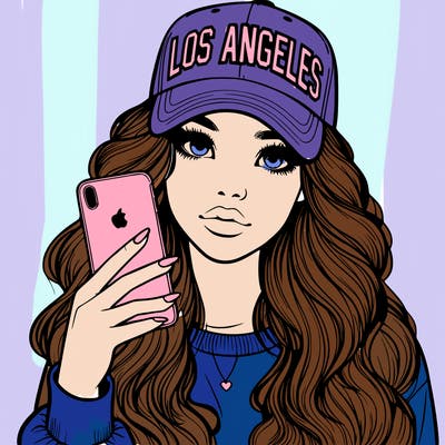 realistic beautiful girl wearing los ángeles cap holding an iphone