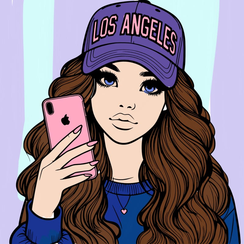 realistic beautiful girl wearing los ángeles cap holding an iphone