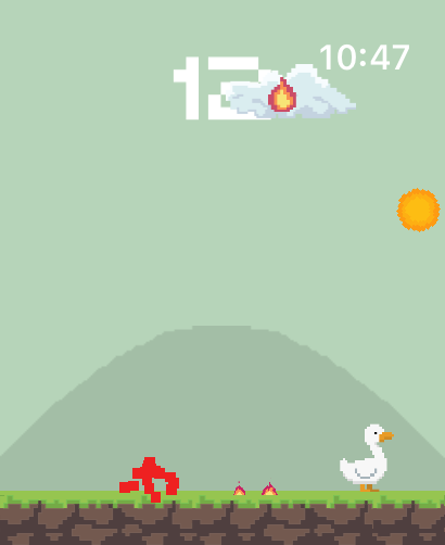 A pixel art scene from the Naughty Duck game showing a white duck running from a red farmer on a green field