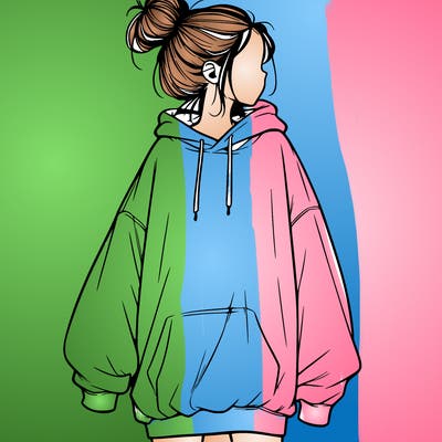 realistic girl with a oversized sweatshirt on and a bun