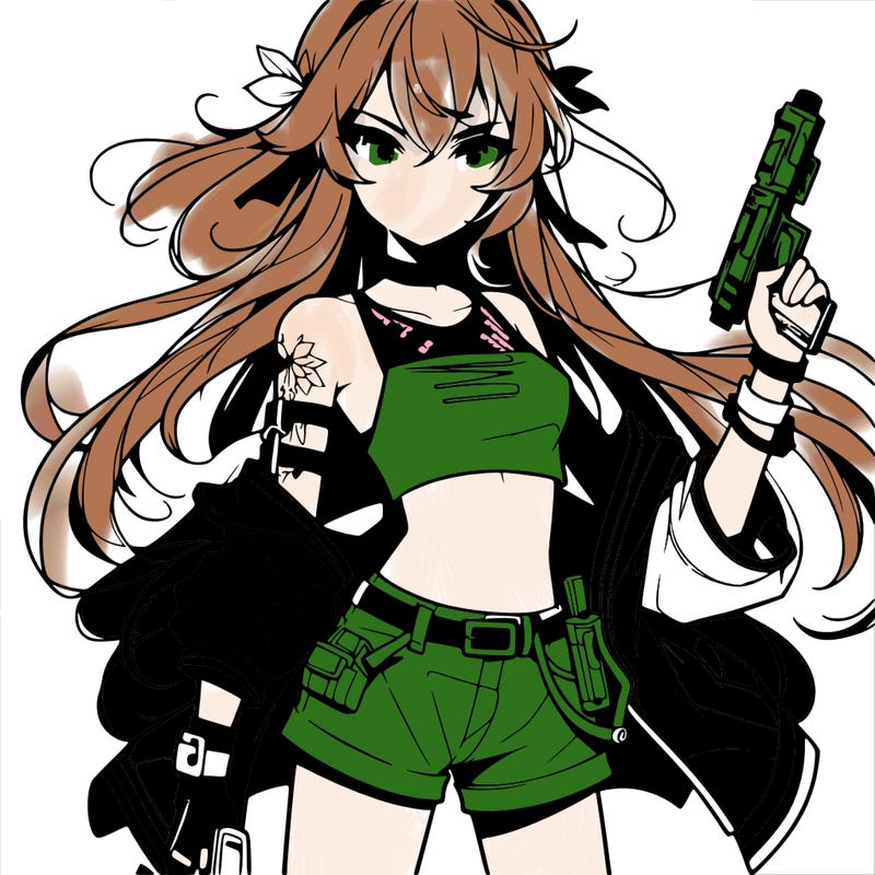 bad girl wearing crop top holding a gun long hair anime