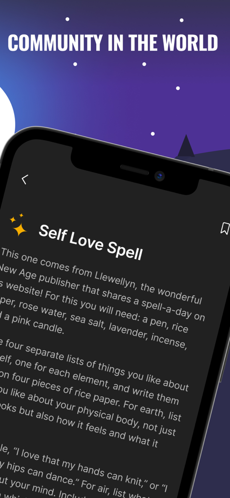 Witchcraft & Wicca Knowledge - Self Love Spell instructions displayed on the Witchcraft and Wicca Knowledge mobile application screen