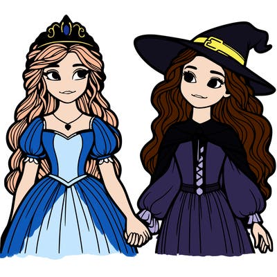 a princess and a witch holding hands realistic