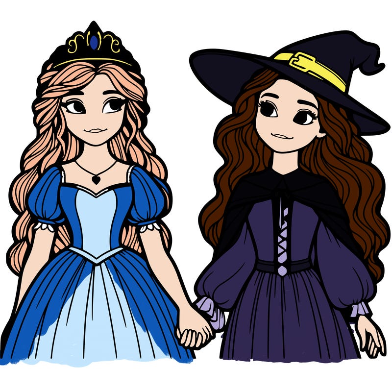 a princess and a witch holding hands realistic
