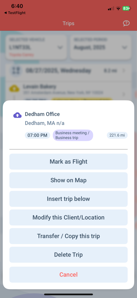 A screen showing the action menu for a business trip entry in the MileageWise app including options to edit or delete the trip.