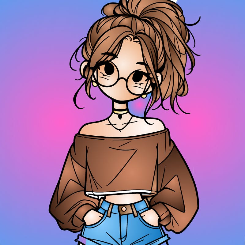 girl with a messy ponytail glasses a baggy crop top and jean shorts