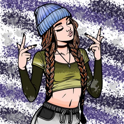 realistic teenage girl with braids and a beanie and crop top doing 🫶🏼