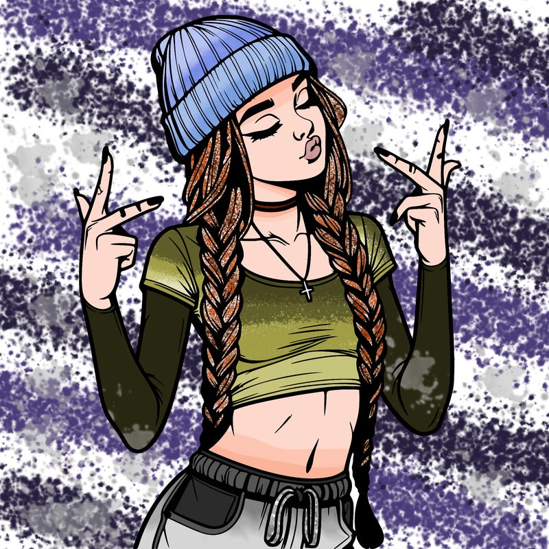 realistic teenage girl with braids and a beanie and crop top doing 🫶🏼