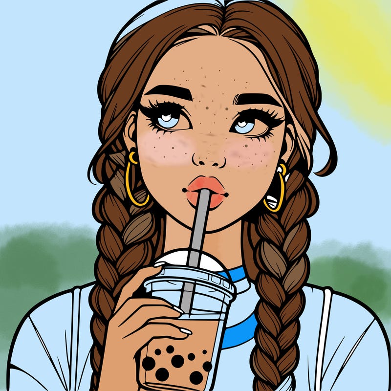 realistic girl with braided hair drinking boba