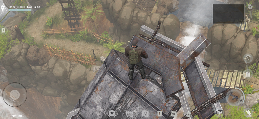 Dead God Land: Survival games - Dead God Land에서 열대 섬을 내려다보는 금속 플랫폼 위에 서 있는 생존자