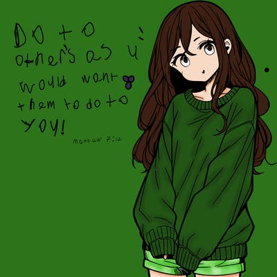 manga teen girl  in a sweater and baggy pants