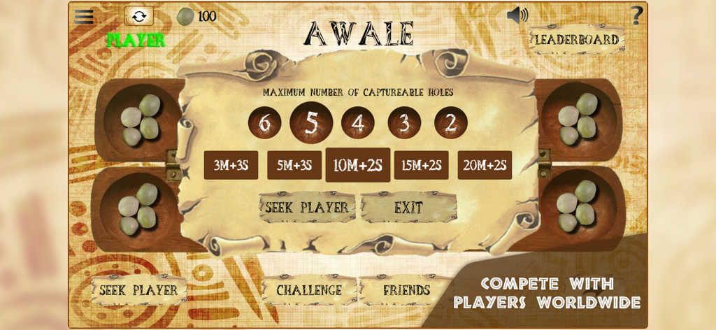 Awale Online game menu for matchmaking showing time control options and capture rules
