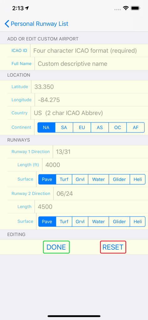 Airport Runway Finder - Modulo per aggiungere aeroporti personalizzati con dettagli della pista e tipi di superficie nell'app Airport Runway Finder.
