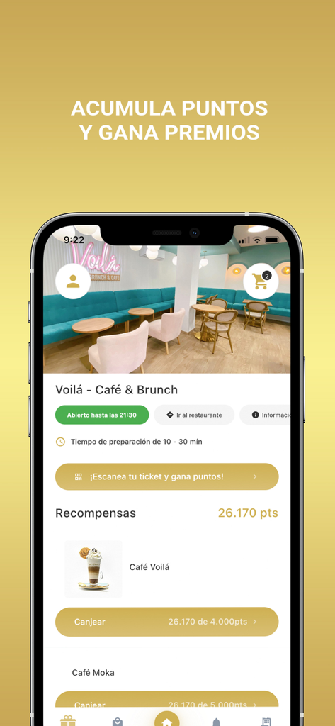 Voilá - Café & Brunch - Interface do aplicativo móvel Voila Cafe and Brunch mostrando a tela de pontos de fidelidade e recompensas