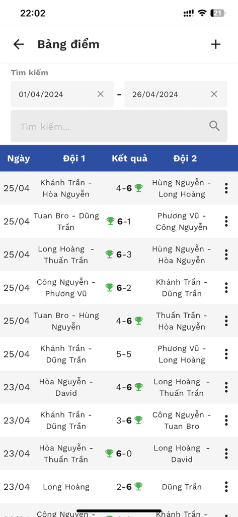 Sport Connect - Uma tela de placar digital no aplicativo Sport Connect mostrando datas de partidas e resultados de equipes com ícones de troféu para os vencedores