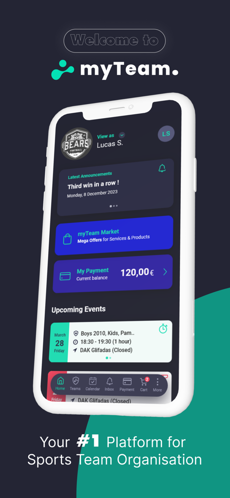 my-Team App - Ein Smartphone, das das my-Team App-Dashboard mit Bereichen für Ankündigungen, Zahlungen und bevorstehende Ereignisse anzeigt