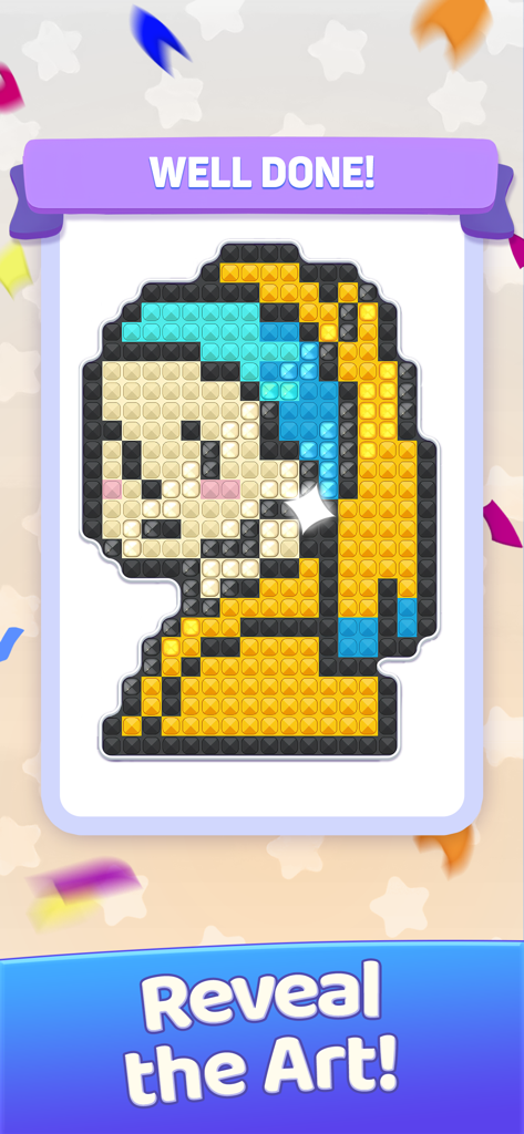 A completed pixel art level in Brilliant Sort showing a girl with a pearl earring made of sparkling gems