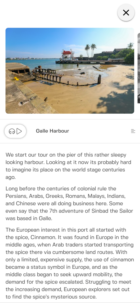 Balamu - Interfaz de la aplicación Balamu que muestra información histórica y una foto del puerto de Galle en Sri Lanka