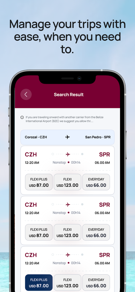 App móvel Tropic Air mostrando resultados de pesquisa de voos de Corozal para San Pedro com várias opções de tarifa