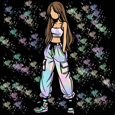 girl in baggy pants crop top and long hair