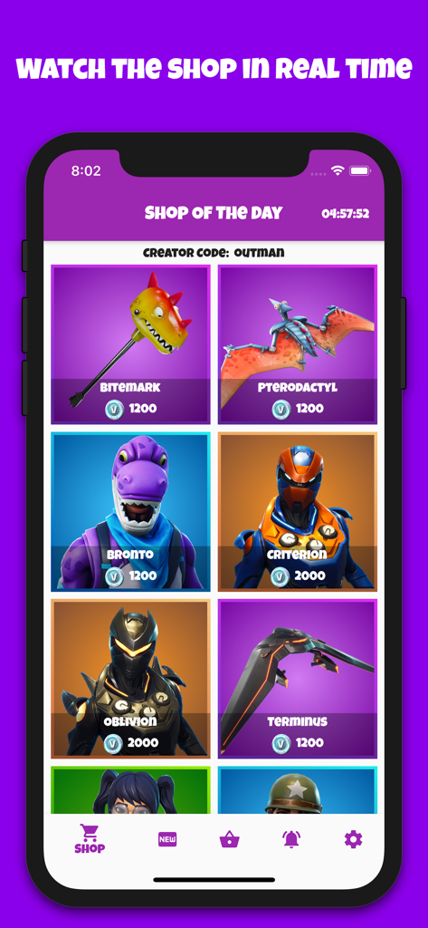 Shop Of The Day for Fortnite - A mobile app interface displaying the real-time Fortnite daily item shop with character skins and V-Bucks prices