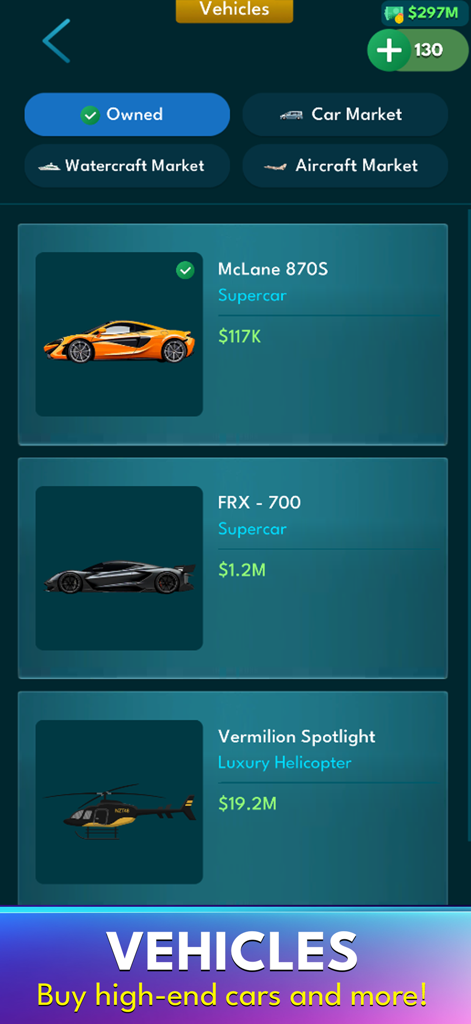 AltLife - Life Simulator - Interface du jeu AltLife montrant des voitures de sport de luxe et un hélicoptère disponibles à l'achat