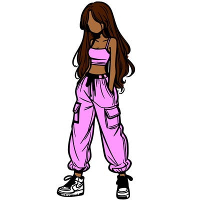 girl in baggy pants crop top and long hair