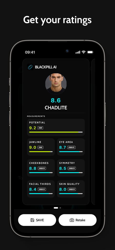 Interface of the Blackpill AI app displaying a facial analysis score of 8.6 and detailed measurements for features like jawline and symmetry