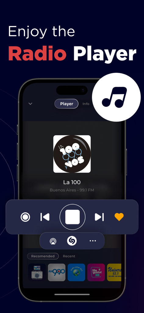 Radio Argentina Online - Interface du lecteur de l'application Radio Argentine en Ligne montrant la station de radio La 100 de Buenos Aires avec les commandes de lecture et d'enregistrement
